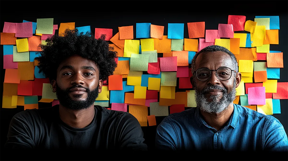 Two Black men seated in front of colorful notes on a wall