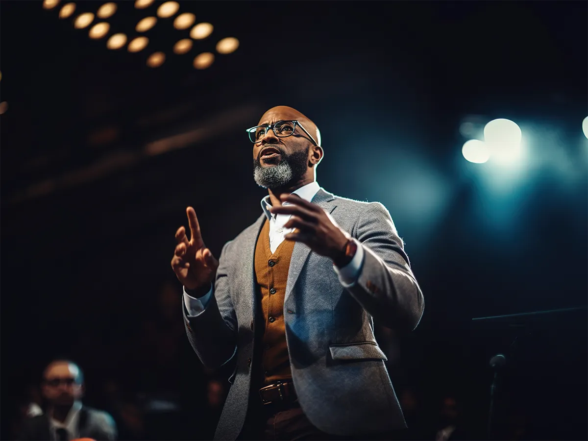 Black man speaking into a microphone on a stage